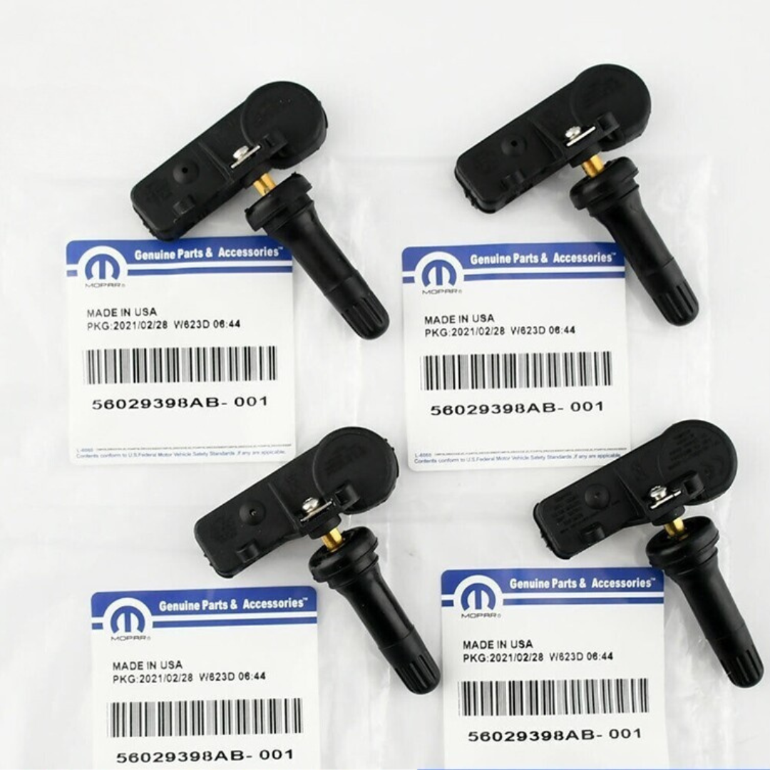 Four tire pressure monitoring system sensors with Mopar labels  56029398AB TPMS sensor with valve stem – OE style for Dodge/Jeep